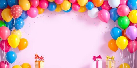 Colorful birthday banner with vibrant balloons on each side, with ample space in the middle for customized text, balloons, birthday
