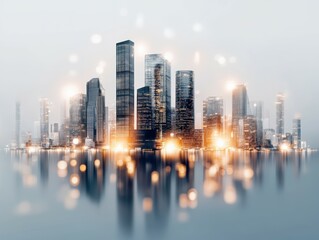 Fototapeta premium A futuristic city skyline with glowing buildings reflected in water, cybersecurity icons