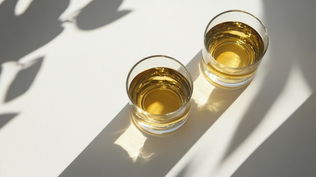 Elegant bird's eye view of two glasses of golden wine casting shadows on a light grey surface ideal for wine promotions or culinary content