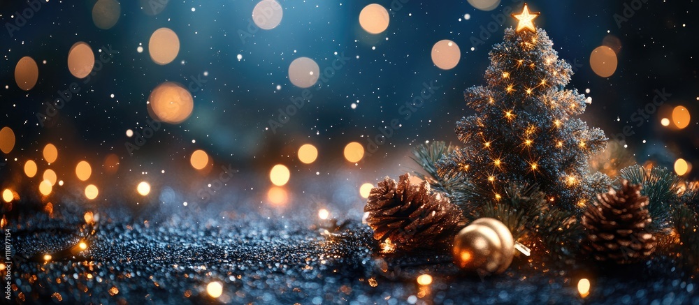 Poster Christmas bokeh lights creating a festive atmosphere with a decorated tree and ornaments against a soft dark background