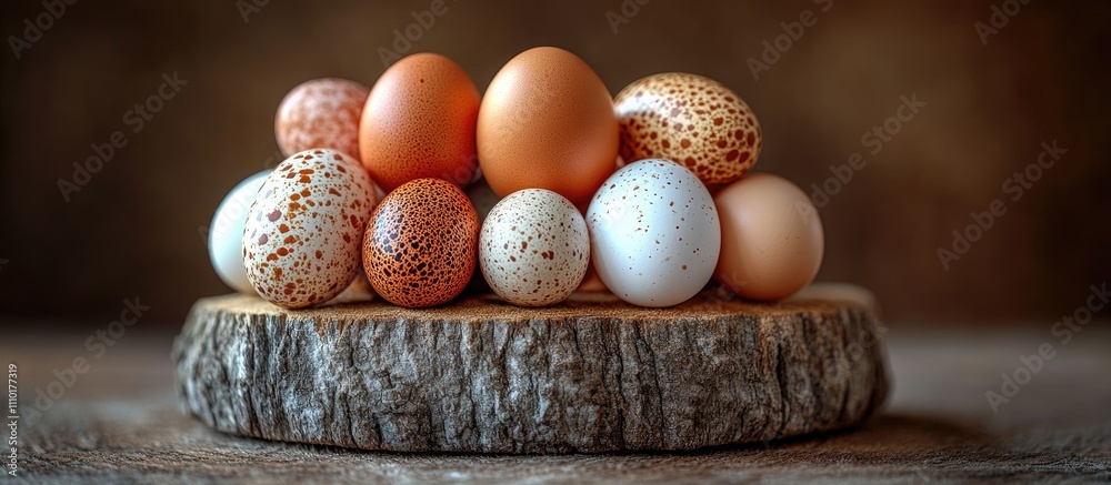 Poster Assorted chicken and quail eggs arranged on a wooden slice with a rustic brown background highlighting holiday preparation and seasonal themes