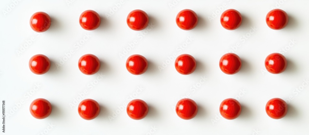 Poster red balls arranged in a grid pattern on a clean white background creating a modern minimalist aesthe