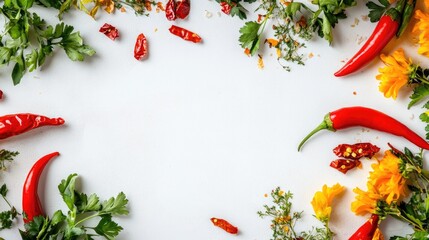Chili peppers and herbs arranged artistically on a white background for culinary inspiration and vibrant food presentation