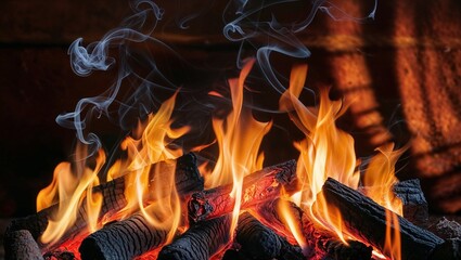 Cozy glowing flames and smoke in rustic fireplace scene