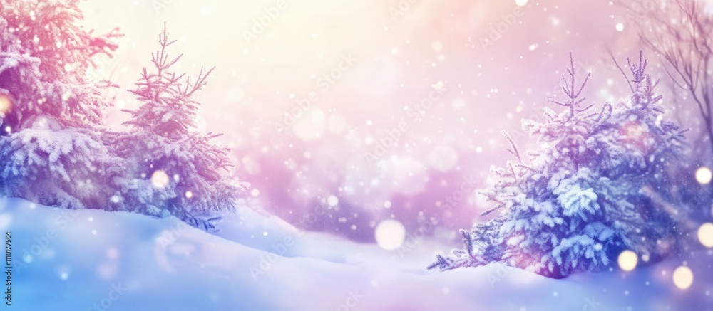 Poster winter wonderland soft focus background with snowy trees and gentle bokeh lights for holiday seasona