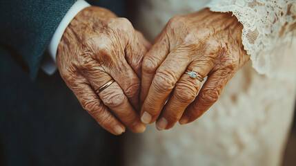Close-up of two elderly hands clasped together with wearing wedding rings. Suggesting a gesture of affection and support.