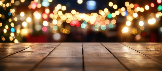 Blurred Christmas lights on a festive evening with wooden table surface for winter holiday backgrounds and visual warmth celebration.