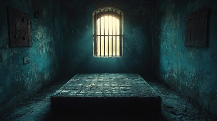 Obraz premium Abandoned prison cell with sunlight streaming through bars highlighting empty space and worn walls creating an eerie atmosphere