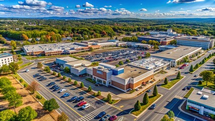 Aerial View of Norwalk Mall in Connecticut Showcasing Shopping Centers, Parking Lots, and Surrounding Areas with Vibrant Colors and Clear Sky for Commercial Use