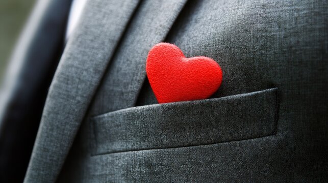 Businessman showcasing a red heart from a suit pocket symbolizing customer relationship management and emotional connection in business