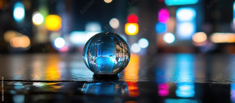 Poster bokeh lights reflection on a glass sphere with vibrant party atmosphere and water droplets creating 