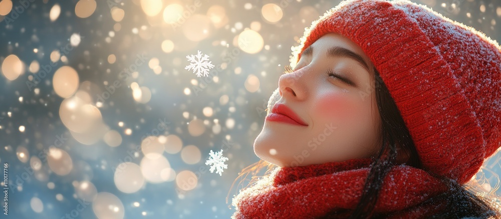 Poster woman in warm attire enjoying snowfall with a serene expression amidst a winter wonderland of sparkl