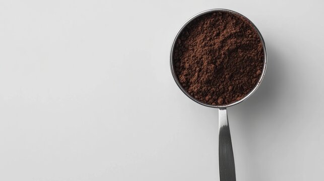 Coffee powder in a stainless steel tablespoon on a white background highlighting rich texture and aroma suitable for culinary and beverage uses