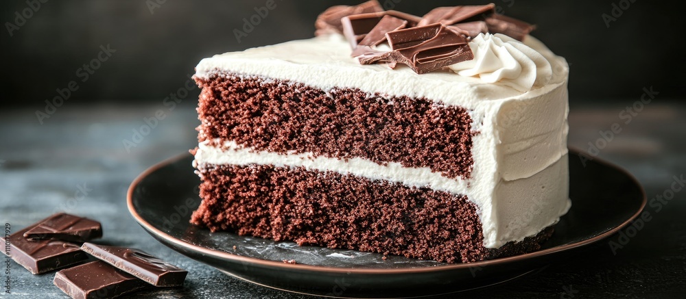 Poster delicious chocolate and cream cake slice garnished with chocolate on a dark table setting ready to i