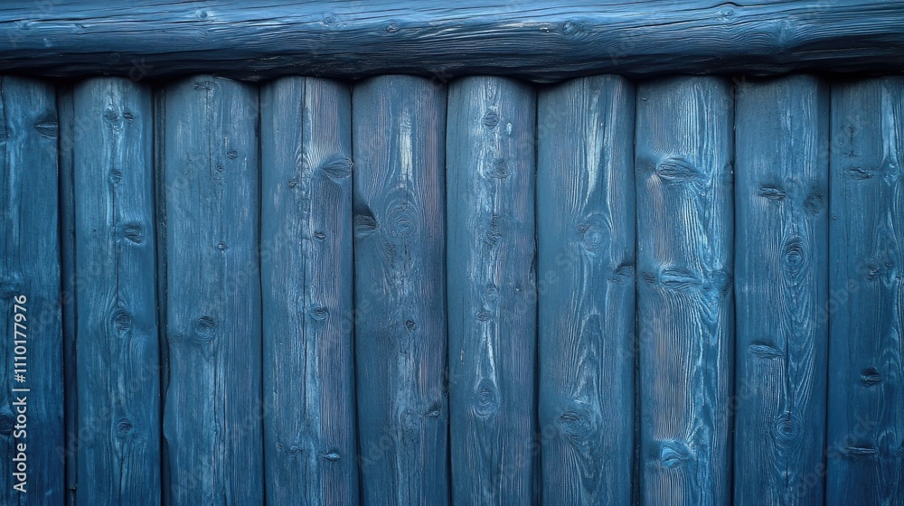 Poster weathered wood texture in shades of blue, featuring horizontal planks and round logs, ideal for rust