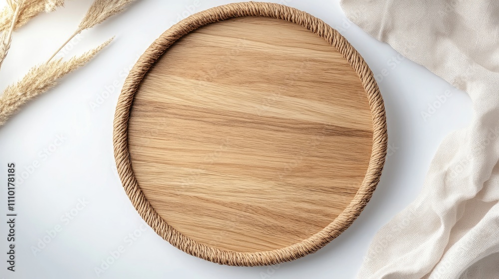 Poster blank mockup frame on round wooden plate with dry grass accents minimalist autumn styling for brandi
