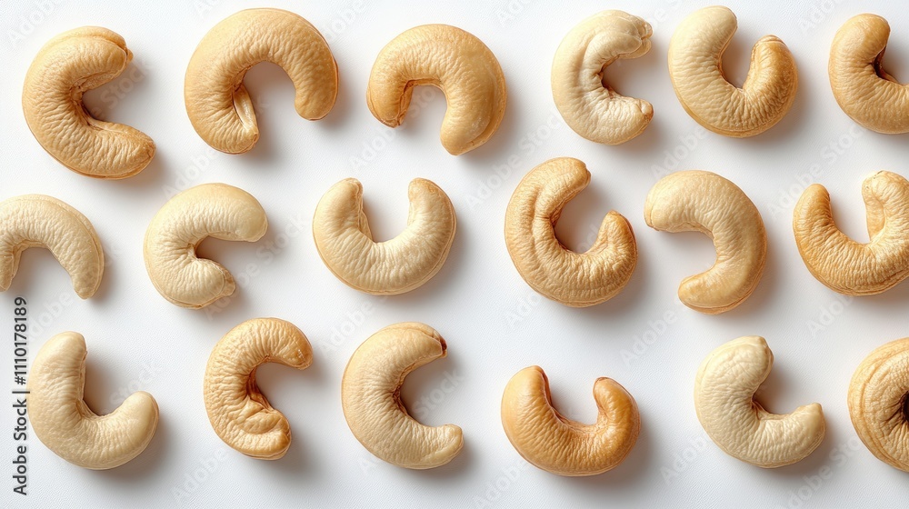 Aufkleber Cashew nuts arranged on a white background showcasing their distinct shapes and textures in a clean and minimalist style