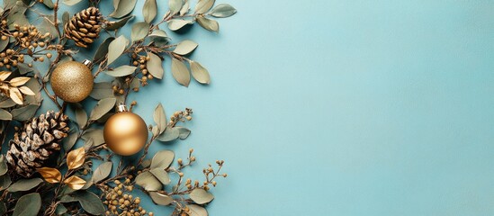 Festive holiday backdrop with golden ornaments and natural elements on a colored background for text insertion and decorative purposes