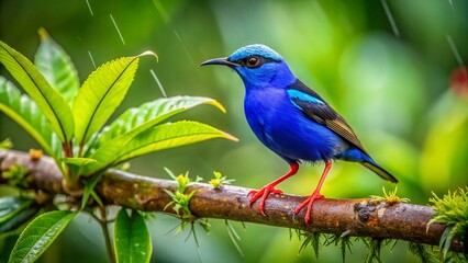 Obraz premium Aerial View of Red-legged Honeycreeper in the Lush Rainforests of Boca Tapada, Laguna de Lagarto Lodge, Costa Rica, Showcasing Vibrant Colors and Diverse Flora