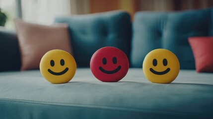 Customer Satisfaction Feedback Concept with Smiley Faces Representing Positive Reviews and Client Engagement on a Sofa Background