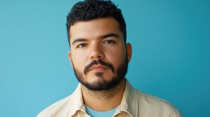 Obraz premium Young man with beard in casual shirt posing seriously against a blue background showcasing confidence and style in portrait photography