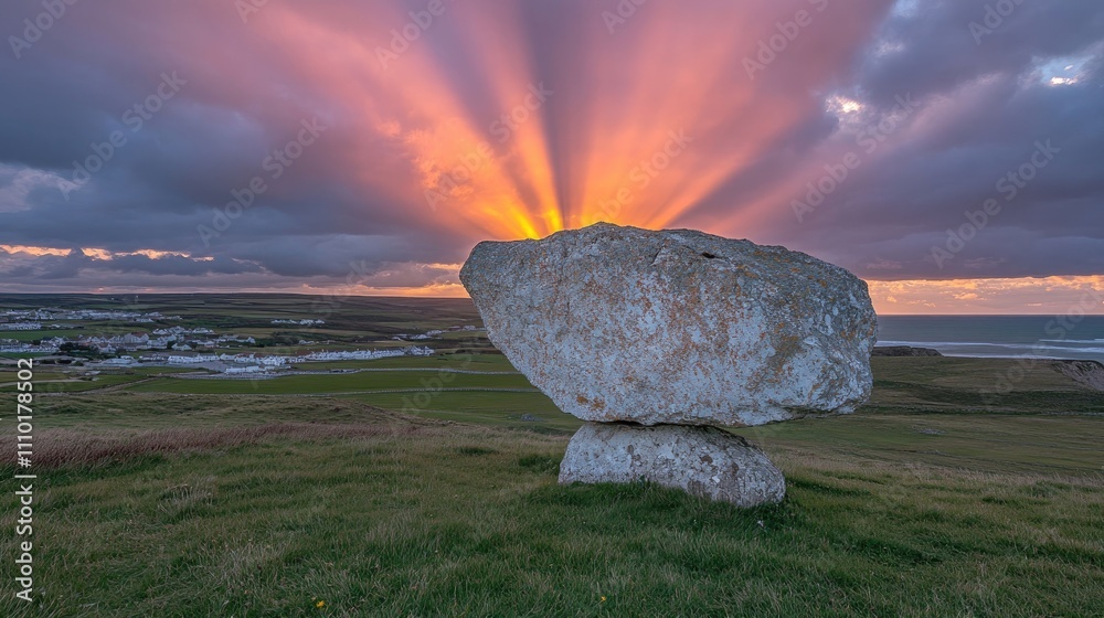 Poster stunning sunset over a large rock formation with rays of light breaking through clouds in a serene l