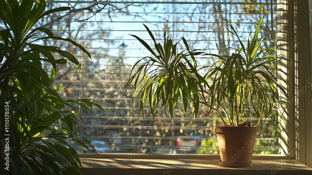 Poster Indoor plant by window with blinds partially closed filtering sunlight while creating a serene atmosphere in a cozy living space.