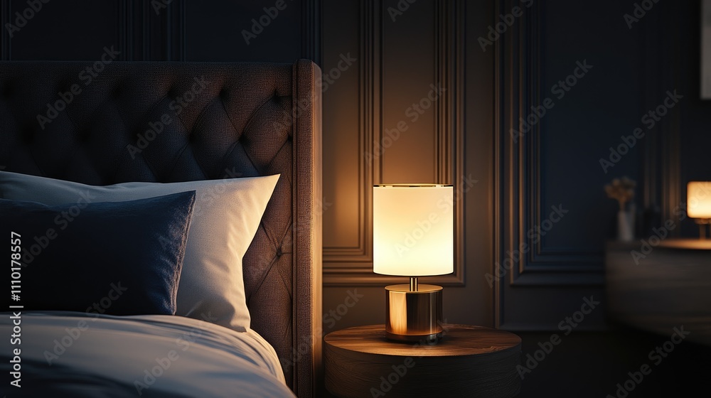 Poster elegant bedside lamp illuminating a dark room creating a cozy and serene atmosphere for restful slee