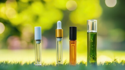 Diverse e-cigarettes displayed on vibrant green grass in a sunny outdoor setting showcasing electronic smoking products and flavors