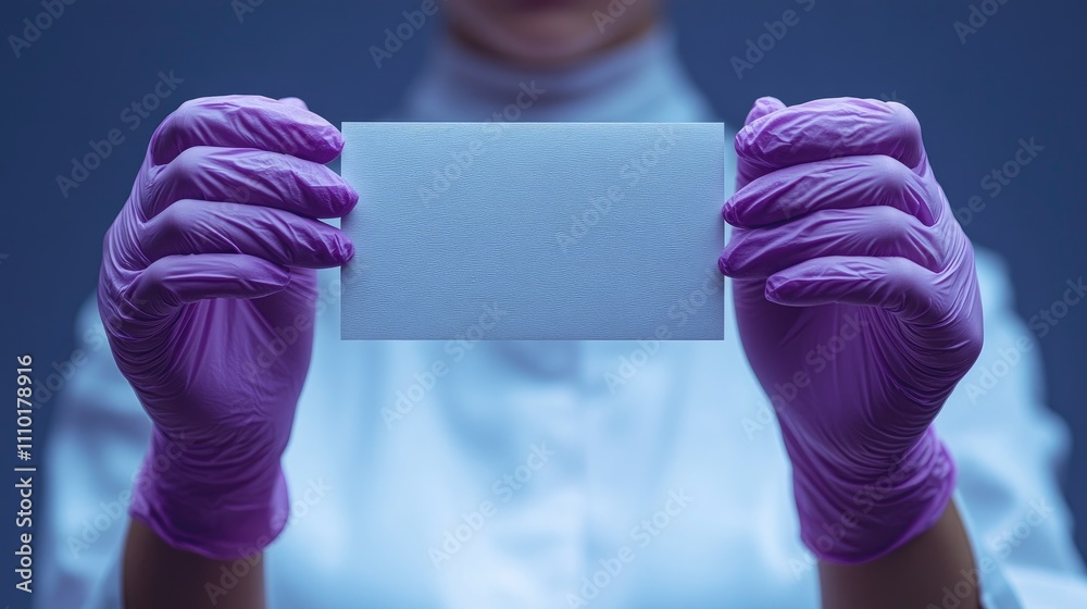 Poster gift card mockup with hands in violet gloves presenting empty certificate isolated on white backgrou