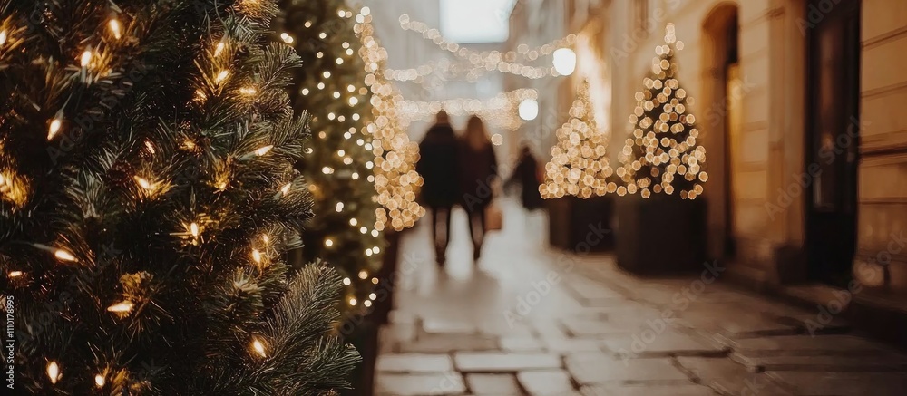 Poster Festive Blurred Bokeh Background of Christmas Lights and Trees in Urban Setting