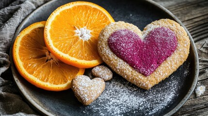 Fototapeta premium Valentine's Day cookie hearts with orange slices on a rustic plate celebrating love and affection in a cozy setting