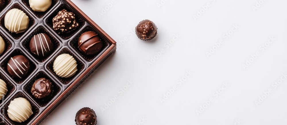Poster elegant assortment of pralines in an open box on a minimal white background showcasing gourmet choco