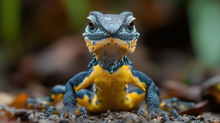 Vibrant blue and yellow lizard in natural habitat close-up