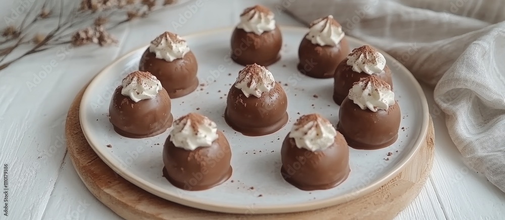 Poster chocolate candies topped with whipped cream arranged elegantly on a round plate with a flowering bra