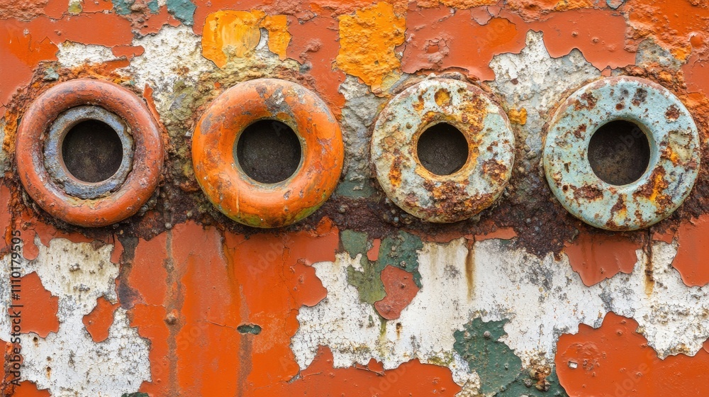 Aufkleber vintage industrial bolts and nuts on a weathered surface showcasing rust and peeling paint textures 