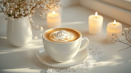 Melange coffee offers a cozy ambiance, beautifully presented with a creamy swirl atop a warm cup, surrounded by soft light and delicate floral accents.