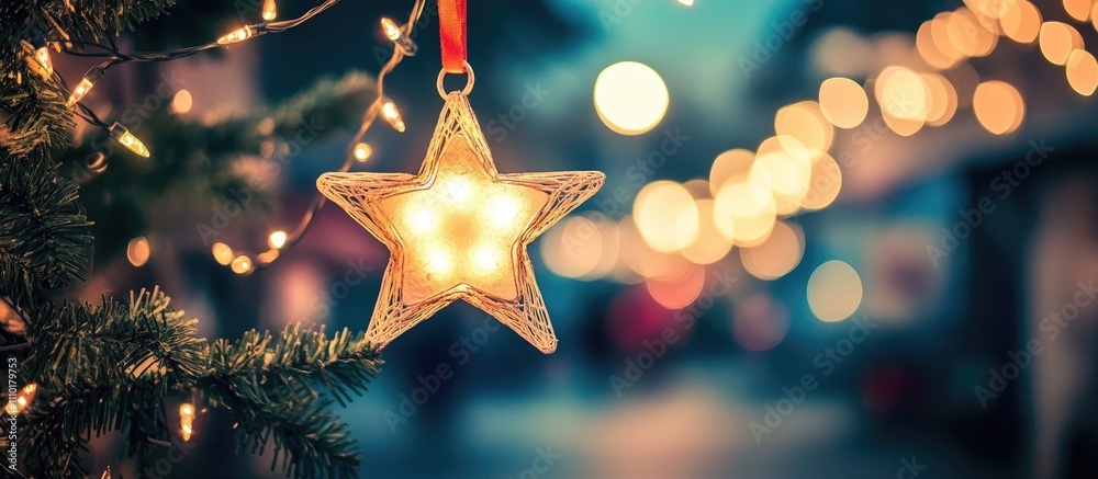 Poster bokeh lights in star shapes on a blurred festive background creating a magical winter holiday atmosp