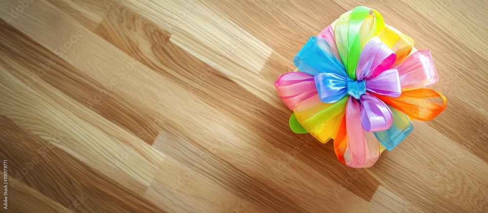 Poster colorful gift box with vibrant bow on wooden table overhead view with blank space for custom design 