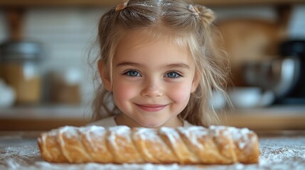 Little girl happily baking in the kitchen surrounded by pastry and flour showcasing her love for cooking and creativity in the kitchen