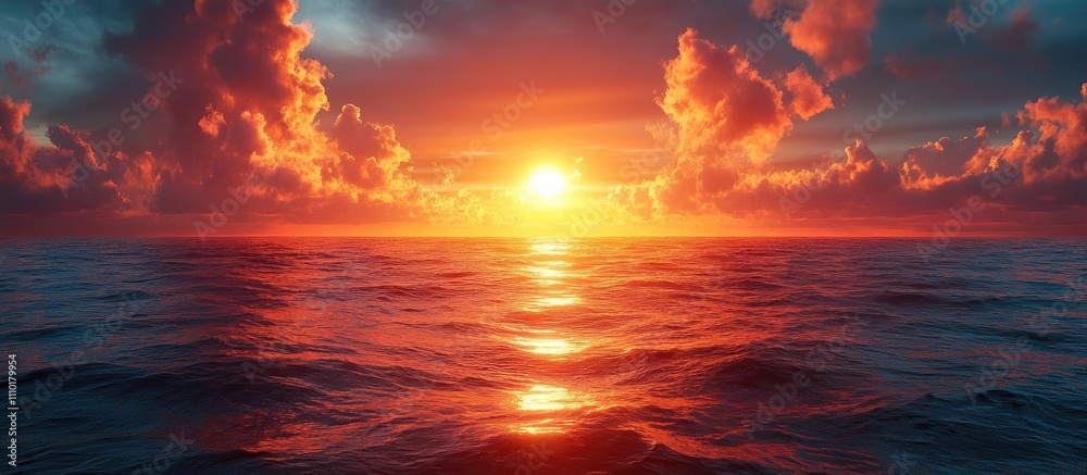 Poster vibrant sunset illuminating the ocean with dramatic clouds and reflections creating a serene and cap