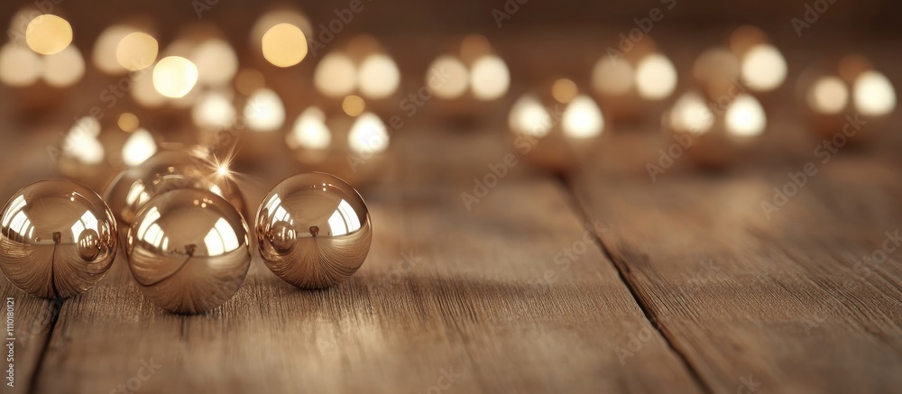 Poster shiny golden christmas balls scattered on rustic wooden surface creating a warm festive atmosphere w