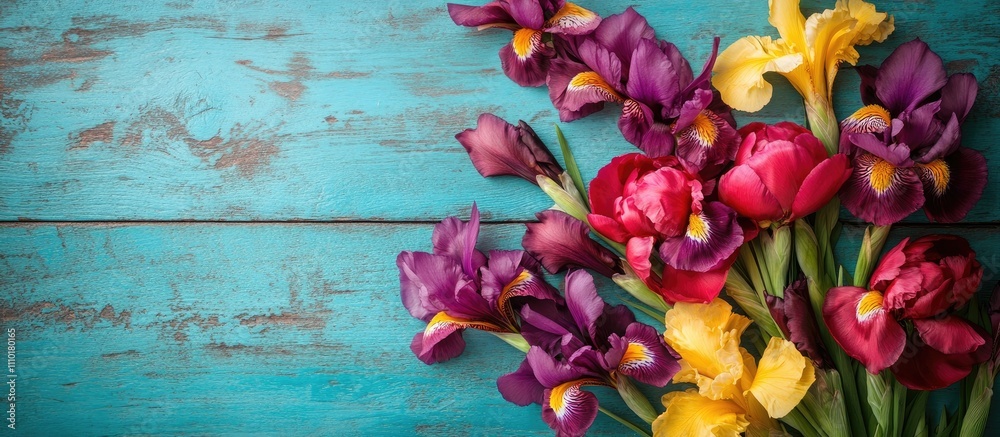 Poster bouquet of red peony and iris on turquoise rustic wood backdrop with space for greeting message aeri