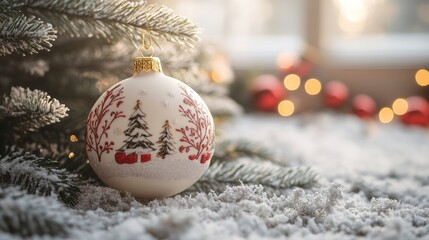 Christmas ornaments close-up on a snowy surface with a white Christmas tree and Santa Claus in a cozy holiday setting