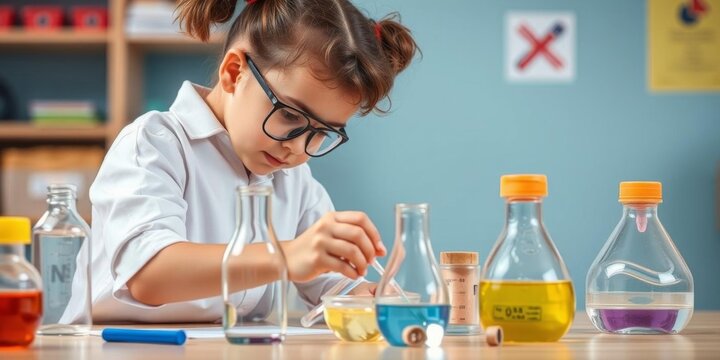 Inventive kids in a classroom conducting a science experiment with colorful beakers and test tubes, learning, education
