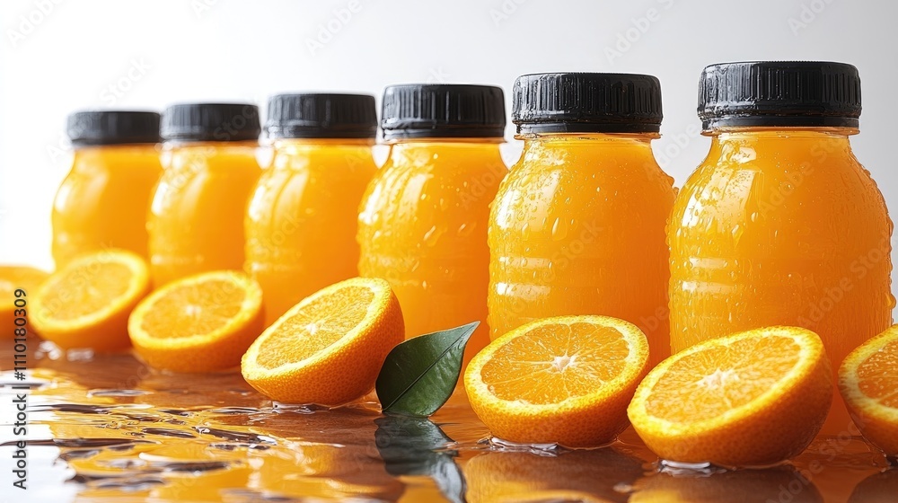 Poster bottles of refreshing orange juice lined up with fresh orange slices on a white background showcasin