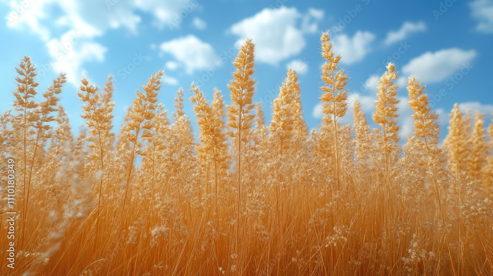 Poster golden wheat fields under a bright blue sky with fluffy clouds creating a serene summer landscape ba