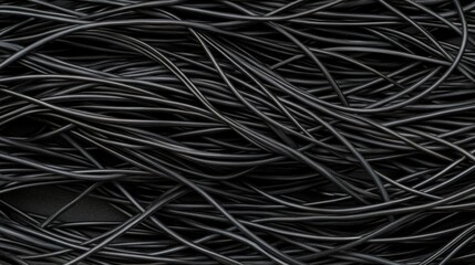 Close up of tangled black wires against a dark backdrop highlighting texture and detail in automotive wiring and electrical components