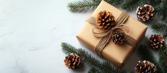 Christmas gift box adorned with pine cones and evergreen branches on a light background ideal for holiday celebrations and seasonal promotions