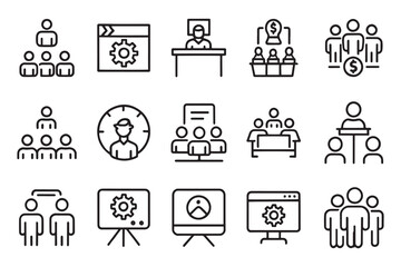 Presentation, interview related editable stroke outline icon set isolated flat vector illustration white background